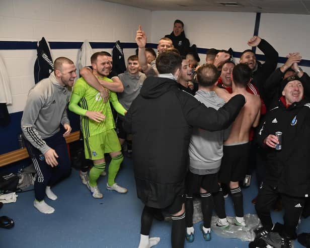 Darvel dressing room celebrations after winning 5-2 during a Scottish Cup third round match match against Montrose.