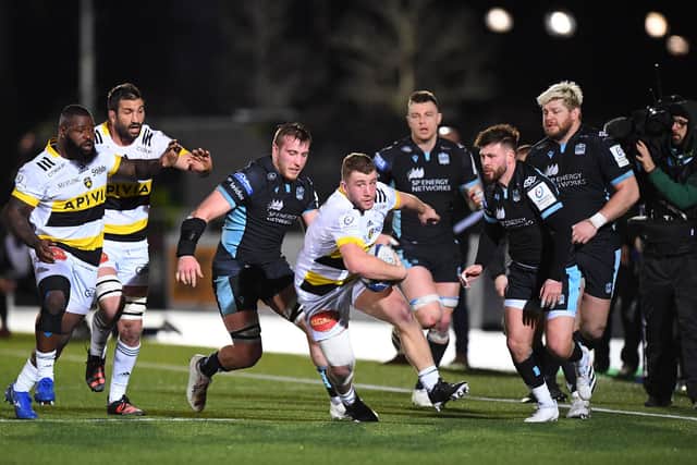 La Rochelle hooker Pierre Bourgarit goes on the attack against Glasgow at Scotstoun. (Photo by ANDY BUCHANAN/AFP via Getty Images)
