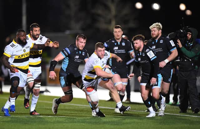 La Rochelle hooker Pierre Bourgarit goes on the attack against Glasgow at Scotstoun. (Photo by ANDY BUCHANAN/AFP via Getty Images)