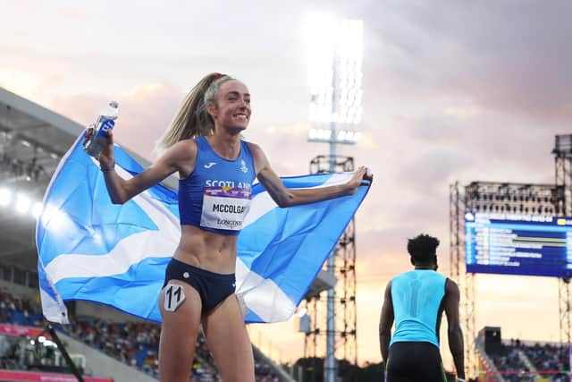 Eilish McColgan of Team Scotland celebrates after winning the gold medal in the Women's 10,000m Final