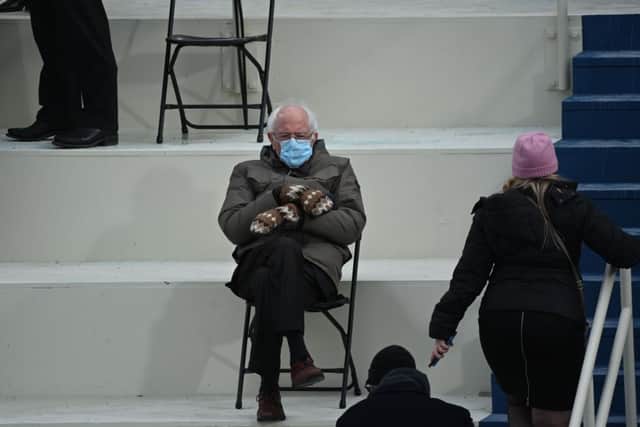 Senator Bernie Sanders was caught on camera looking cosy in his mittens at the inauguration.