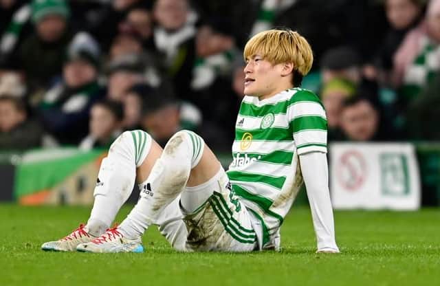 Celtic's Kyogo Furuhashi suffers an injury during a UEFA Europa League match between Celtic and Real Betis at Celtic Park, on December 09, 2021, in Glasgow, Scotland. (Photo by Rob Casey / SNS Group)