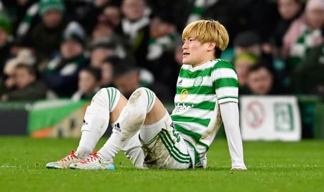 Celtic's Kyogo Furuhashi suffers an injury during a UEFA Europa League match between Celtic and Real Betis at Celtic Park, on December 09, 2021, in Glasgow, Scotland. (Photo by Rob Casey / SNS Group)