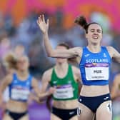 Laura Muir crosses the line to claim gold in the Women's 1500m Final at the Birmingham 2022 Commonwealth Games. (Photo by Michael Steele/Getty Images)