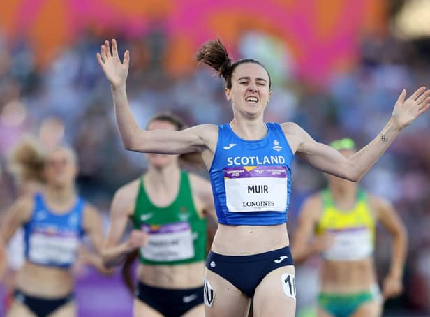 Laura Muir crosses the line to claim gold in the Women's 1500m Final at the Birmingham 2022 Commonwealth Games. (Photo by Michael Steele/Getty Images)