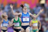 Laura Muir crosses the line to claim gold in the Women's 1500m Final at the Birmingham 2022 Commonwealth Games. (Photo by Michael Steele/Getty Images)
