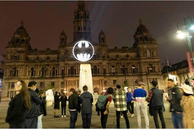 The iconic Bat-Signal lit up Glasgow's skyline after being projected onto the City Chambers.
