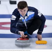 Bruce Mouat in action at the World Curling Championships in Calgary last year. Now he's bidding for double Olympic gold.