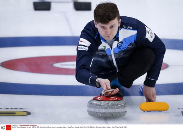 Bruce Mouat in action at the World Curling Championships in Calgary last year. Now he's bidding for double Olympic gold.