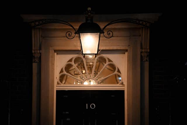 A street light illuminates the door of Number 10 Downing Street in central London. Picture: Daniel Leal/AFP via Getty Images