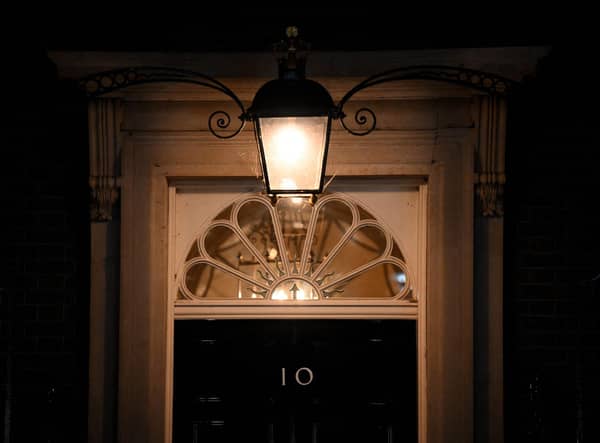 A street light illuminates the door of Number 10 Downing Street in central London. Picture: Daniel Leal/AFP via Getty Images