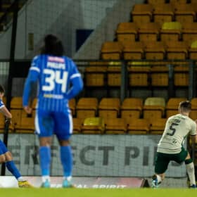 Graham Carey lashes the ball home to give St Johnstone the lead against Hibs.