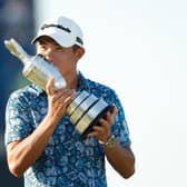 Open champion Collin Morikawa kisses the Claret Jug after his win at Royal St George's. Picture: Oisin Keniry/Getty Images.