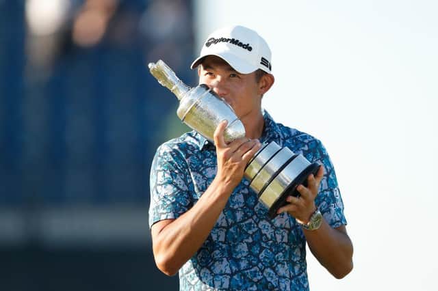 Open champion Collin Morikawa kisses the Claret Jug after his win at Royal St George's. Picture: Oisin Keniry/Getty Images.