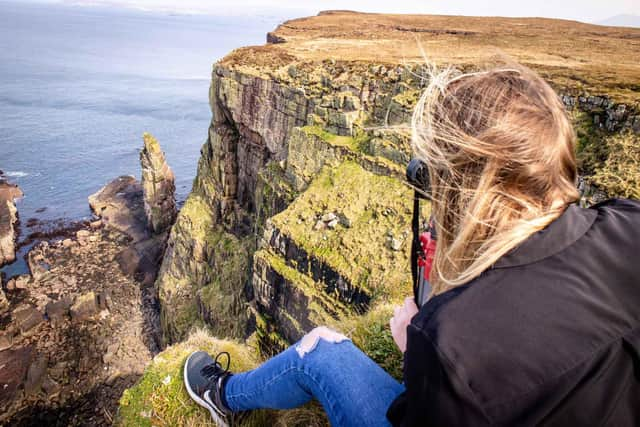 Yvette Webster birdwatching on Handa Island.