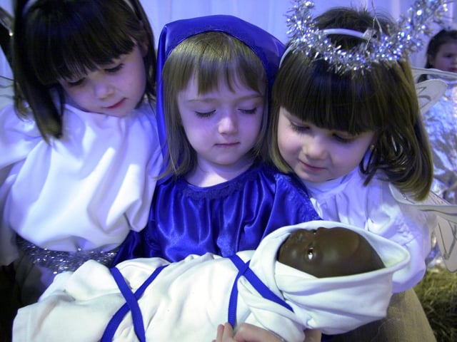 From left to right we have Kirsty Miller, Rebecca McKean and Robyn Johnstone taking on the roles of angels and Mary for their school’s Christmas nativity play from 2001. Picture: 12 December 2001