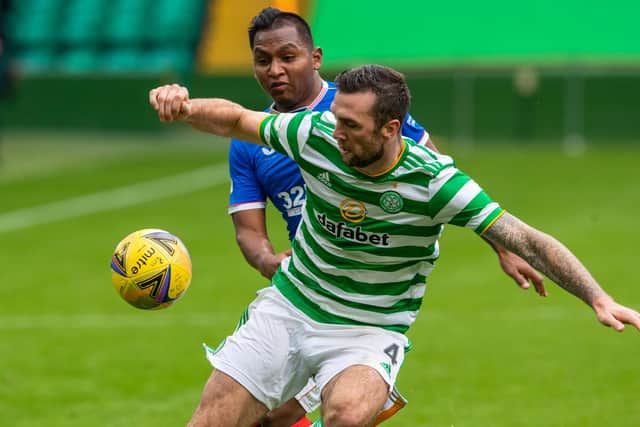 Celtic's Shane Duffy (right) with Alfredo Morelos during a Scottish Premiership match between Celtic and Rangers at Celtic Park on October 17, 2020 (Photo by Alan Harvey / SNS Group)