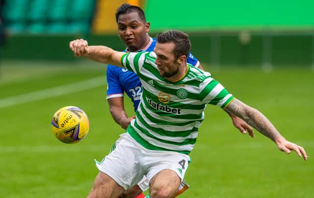 Celtic's Shane Duffy (right) with Alfredo Morelos during a Scottish Premiership match between Celtic and Rangers at Celtic Park on October 17, 2020 (Photo by Alan Harvey / SNS Group)