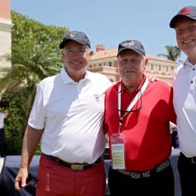 GB&I captain Stuart Wilson, right, with his US opposite number Nathaniel Crosby, left, and 18-time major winner Jack Nicklaus ahead of the concluding singles session in the Walker Cup at Seminole Golf Club in Juno Beach, Florida. Picture: Cliff Hawkins/Getty Images.