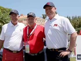 GB&I captain Stuart Wilson, right, with his US opposite number Nathaniel Crosby, left, and 18-time major winner Jack Nicklaus ahead of the concluding singles session in the Walker Cup at Seminole Golf Club in Juno Beach, Florida. Picture: Cliff Hawkins/Getty Images.