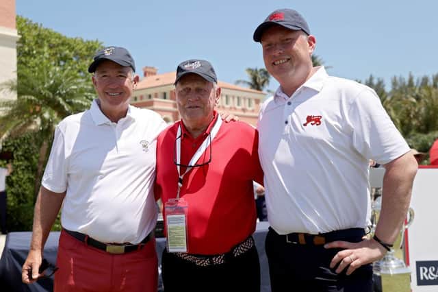 GB&I captain Stuart Wilson, right, with his US opposite number Nathaniel Crosby, left, and 18-time major winner Jack Nicklaus ahead of the concluding singles session in the Walker Cup at Seminole Golf Club in Juno Beach, Florida. Picture: Cliff Hawkins/Getty Images.