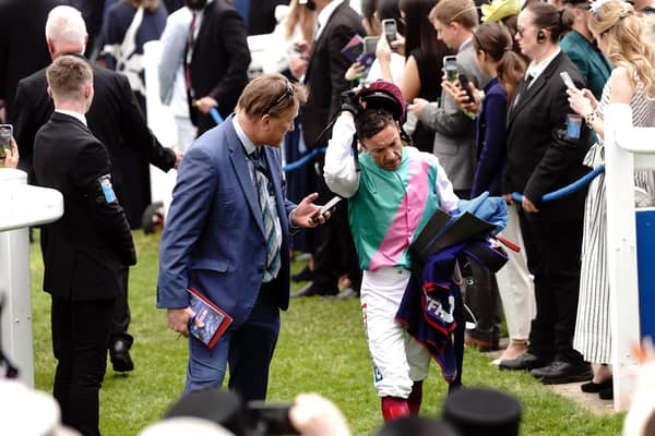 Frankie Dettori (right) reacts after placing tenth in the Betfred Derby with Arrest (Pic: Victoria Jones/PA Wire)