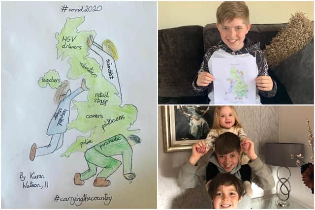 Kieran Watson, from Falkirk, has drawn a map of the UK being held up by a paramedic, a hospital staff member and a scientist. Bottom right: Eilidh, 1, Kieran, 11 and Lucas, 9