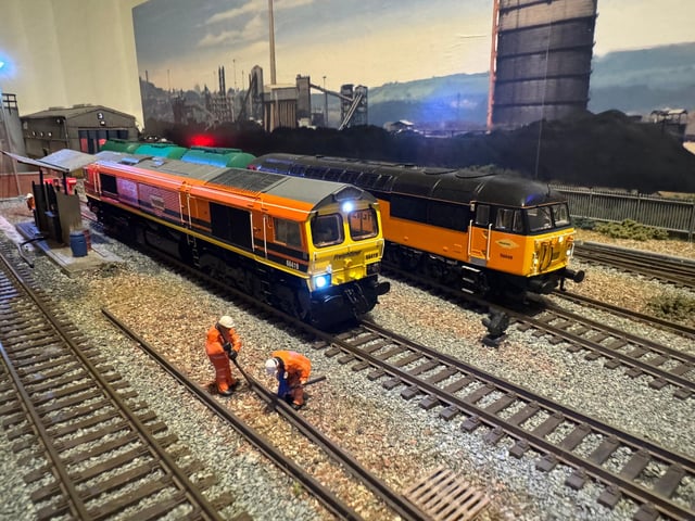 Freightliner Class 66 and Colas Class 56 locomotives on shed at Swinton TMD