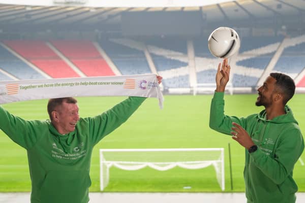 The renewed partnership was announced at Hampden Park, with Joe Thompson alongside one of ScottishPower’s employee 'fundraising heroes', Campbell McDougall.