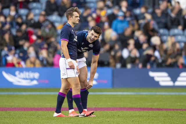 Ross Thompson and Blair Kinghorn in action for Scotland against Tonga. (Photo by Ross MacDonald / SNS Group)