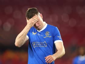 Rangers loanee Aaron Ramsey reacts after missing his penalty in the Europa League final defeat to Eintracht Frankfurt. (Photo by Alex Pantling/Getty Images)