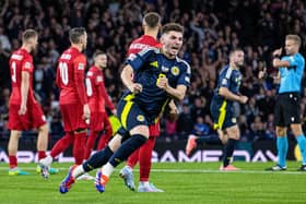 Billy Gilmour celebrates scoring for Scotland in the 3-2 defeat to Poland at Hampden Park on Thursday. (Photo by Alan Harvey / SNS Group)