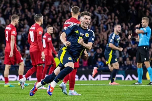 Billy Gilmour celebrates scoring for Scotland in the 3-2 defeat to Poland at Hampden Park on Thursday. (Photo by Alan Harvey / SNS Group)