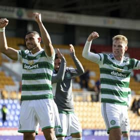 Stephen Welsh celebrates Celtic's late win at St Johnstone.  (Photo by Craig Williamson / SNS Group)