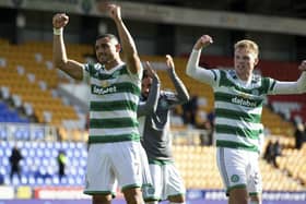 Stephen Welsh celebrates Celtic's late win at St Johnstone.  (Photo by Craig Williamson / SNS Group)