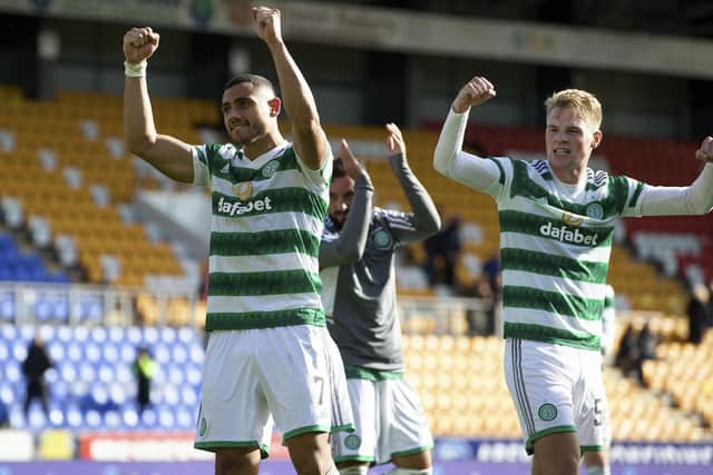 Stephen Welsh celebrates Celtic's late win at St Johnstone. (Photo by Craig Williamson / SNS Group)