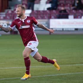 Kallum Higginbotham celebrates putting Kelty Hearts 1-0 up against Brechin City.