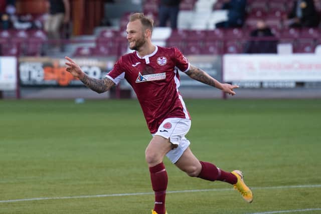 Kallum Higginbotham celebrates putting Kelty Hearts 1-0 up against Brechin City.