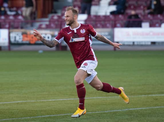 Kallum Higginbotham celebrates putting Kelty Hearts 1-0 up against Brechin City.