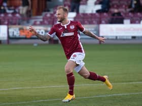 Kallum Higginbotham celebrates putting Kelty Hearts 1-0 up against Brechin City.