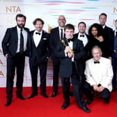 Tommy Jessop (centre), Martin Compston, Gregory Piper, Craig Parkinson, Daniel Mays and the cast and crew of Line of Duty in the press room after winning the Special Recognition Award at the National Television Awards 2021 held at the O2 Arena, London.