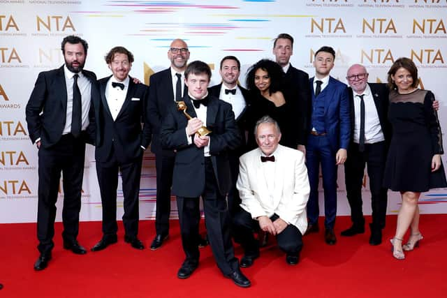 Tommy Jessop (centre), Martin Compston, Gregory Piper, Craig Parkinson, Daniel Mays and the cast and crew of Line of Duty in the press room after winning the Special Recognition Award at the National Television Awards 2021 held at the O2 Arena, London.