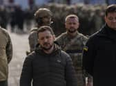 Ukrainian president Volodymyr Zelensky gives a speech to the media in Kherson. Picture: AP Photo/Bernat Armangue