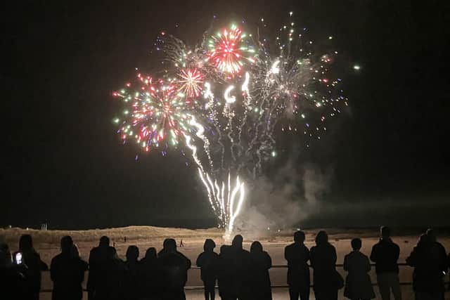 The firewords over West Sands Beach at the St Andrews Big Hoolie outdoor music and ceilidh to celebrate St Andrews Day. Pic: J Christie