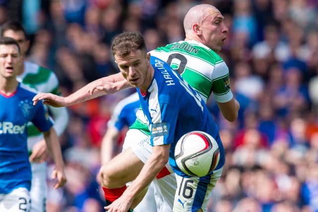 Rangers' Andy Halliday in action with Scott Brown in his impressive derby debut that brought a penalty shoot-out victory in the 2016 Scottish Cup semi-final (Pic: SNS, Alan Harvey)