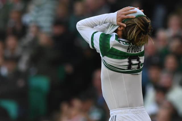Celtic's Kyogo Furuhashi looks dejected after missing a good chance during a cinch Premiership match between Celtic and Motherwell at Celtic Park, on October 01, 2022, in Glasgow, Scotland. (Photo by Craig Foy / SNS Group)