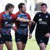 Allan Dell, centre, with Glasgow Warriors team-mates Angus Fraser, left, and Gregor Hiddleston during a training session at Scotstoun. (Photo by Rob Casey / SNS Group)