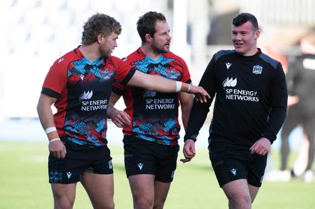 Allan Dell, centre, with Glasgow Warriors team-mates Angus Fraser, left, and Gregor Hiddleston during a training session at Scotstoun. (Photo by Rob Casey / SNS Group)
