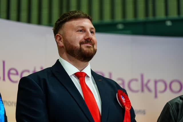 Labour candidate Chris Webb celebrates after winning the Blackpool South by-election following the count at Blackpool Sports Centre, Blackpool.