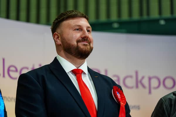 Labour candidate Chris Webb celebrates after winning the Blackpool South by-election following the count at Blackpool Sports Centre, Blackpool.